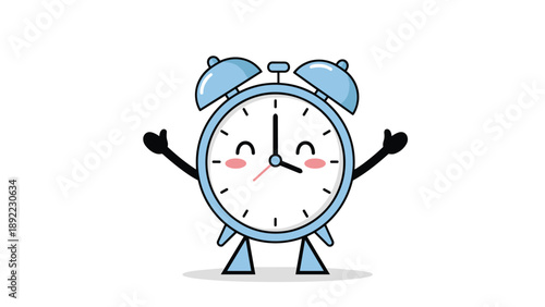 Cute blue alarm clock character with a happy face raising its hands for a morning wakeup or deadline time concept.