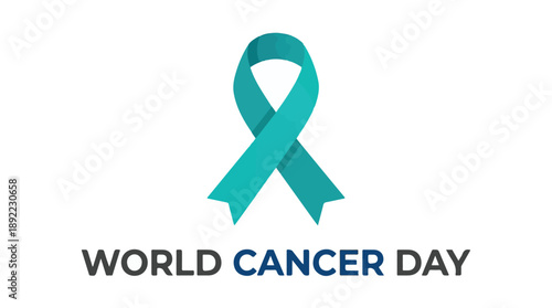 World Cancer Day teal awareness ribbon and text on white background
