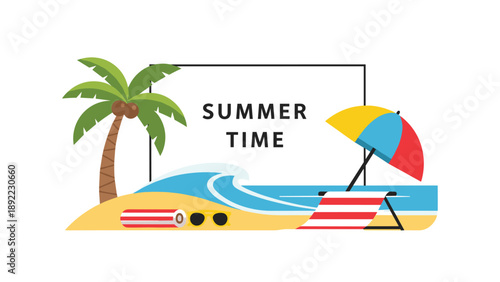 Summer time beach vacation illustration with palm tree surfboard umbrella and waves on a sunny day at the shore line.