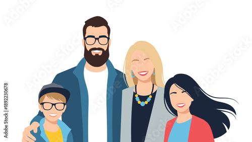 Modern family portrait featuring a father mother son and daughter smiling together in a stylish illustration style.
