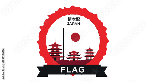 Creative Japanese flag emblem with traditional pagodas and the rising sun inside a red jagged circular frame for travel.