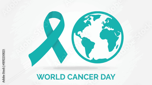 World Cancer Day concept with teal awareness ribbon and globe icon