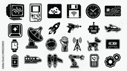 Set of black and white technology, science, and futuristic icons