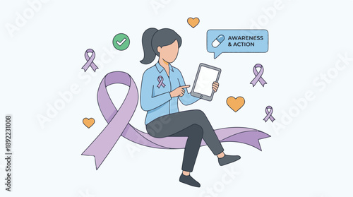 Woman with tablet promoting health awareness and action with ribbons