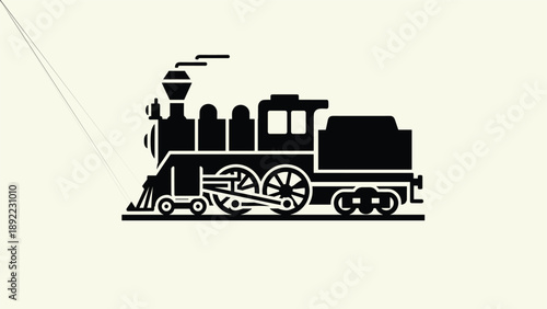 Black silhouette of a vintage steam engine locomotive train on a track against a plain cream background for travel art.
