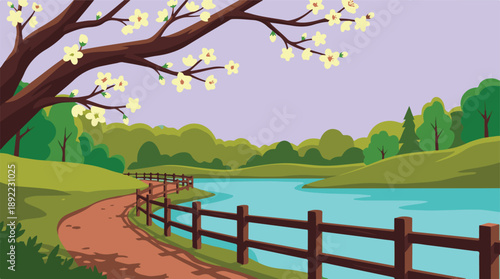 Idyllic spring landscape with a winding path, tranquil lake, and blooming trees