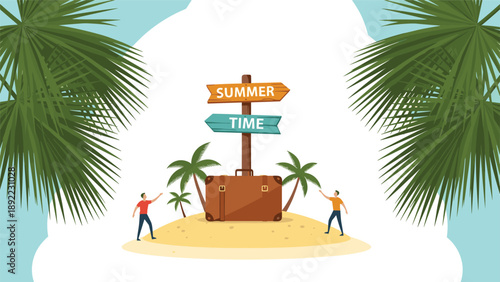 Summer time travel concept with people on a small island around a large suitcase under a signpost and palm trees scene.