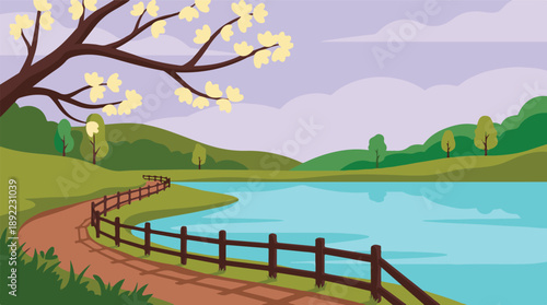 Vibrant cartoon landscape with winding path, lake, hills, and flowering tree