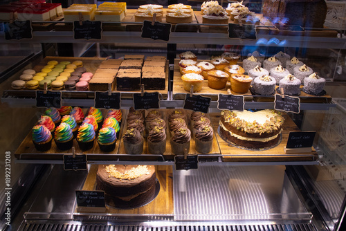 Display case showing a variety of fresh bakery desserts