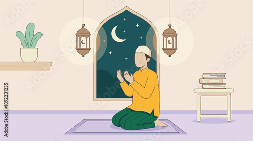 Muslim man praying during Ramadan night with crescent moon and lanterns