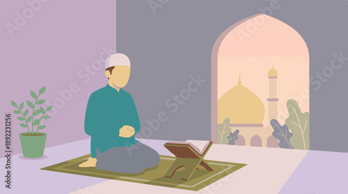 Muslim man praying with Quran, mosque view through arched window