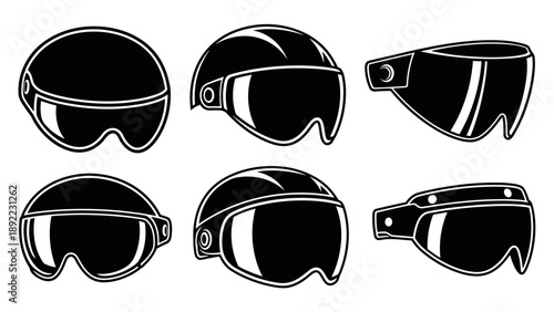 Set of six black and white pilot helmets with visors in various angles.