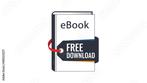 White eBook reader with a black and red tag that says free download on a clean white background for digital reading themes.
