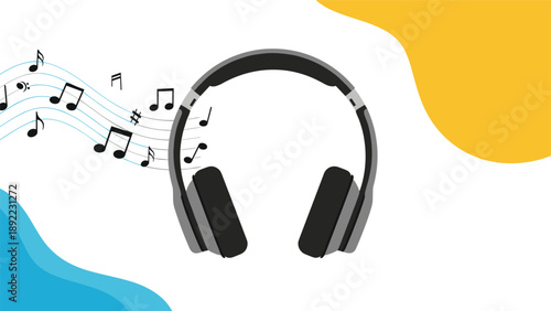 Black and gray wireless headphones with flowing musical notes and abstract blue and yellow shapes in the background for art.