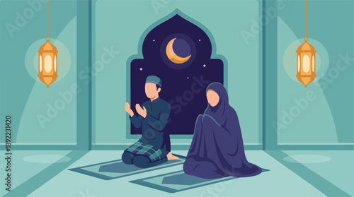 Muslim couple praying during Ramadan with crescent moon and lanterns