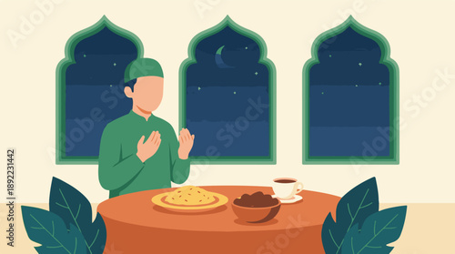 Muslim man praying for Iftar with traditional food during Ramadan night