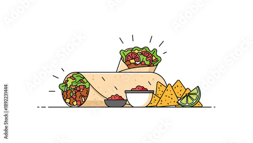 Delicious Mexican food featuring a large beef burrito with salsa dipping bowls nachos and a fresh lime slice for a meal.