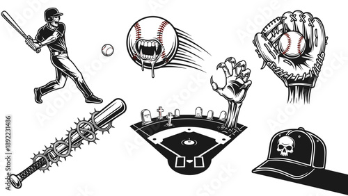 Baseball-themed illustrations with a dark and edgy twist, featuring a batter, a vampire baseball, a zombie hand, and a spiked bat.