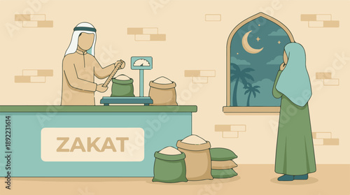 Zakat distribution by a Muslim man with grain sacks and a woman observing.