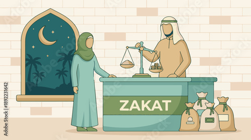 Islamic Zakat Obligation Concept with People and Weighing Scale