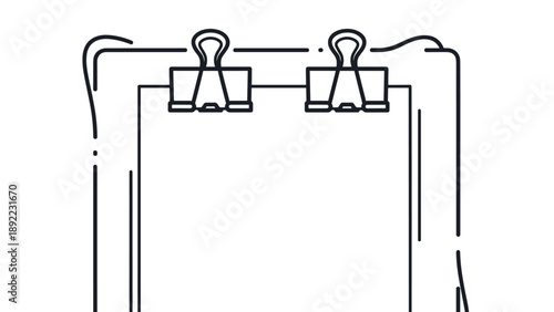 Simple line art drawing of a top down view of a clipboard with two binder clips attached to the top for office document use.