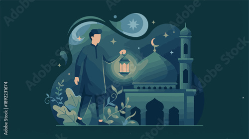 Muslim man holding traditional lantern walking towards mosque for Ramadan night