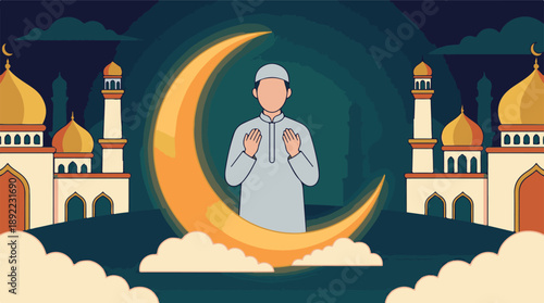 Muslim man praying with crescent moon and mosques during a holy night