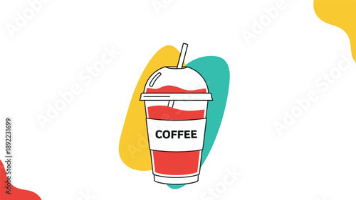 Takeaway iced coffee cup with a straw and red liquid on a background of colorful abstract blue and yellow shapes for cafe.