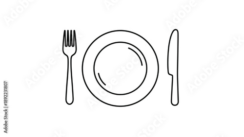 Simple line art drawing of a round dinner plate centered between a fork and a knife for a table setting icon for restaurant.