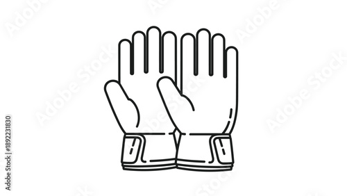 Pair of safety work gloves in black and white line art style isolated on white background for construction or gardening concepts.
