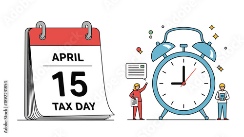 Tax day concept featuring a calendar marked April 15 with people next to a large alarm clock representing deadlines and financial duties.