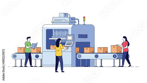 Industrial manufacturing process showing workers on an automated assembly line with robotic machinery and conveyor belts in factory setting.