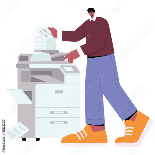 Productivity Work Illustration. Vector illustration of Employee using a copier machine for document printing and paperwork management in the workplace. Isolated on background