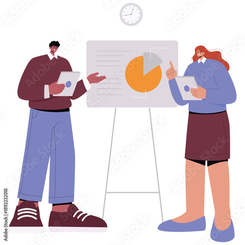 Productivity Work Illustration. Vector illustration of Two coworkers presenting analytics results and charts during a professional business meeting. Isolated on background