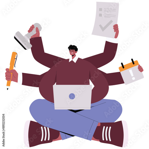 Productivity Work Illustration. Vector illustration of Busy professional handling multiple tasks at once with laptop, calendar, and office tools. Isolated on background