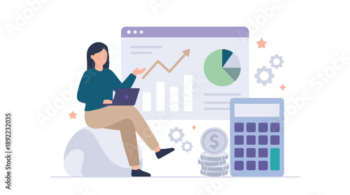 Businesswoman analyzing financial data and growth with laptop and charts