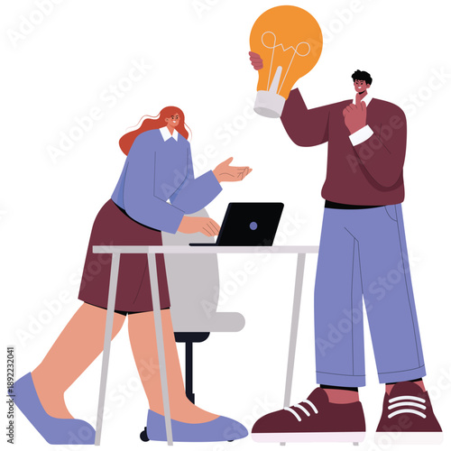 Productivity Work Illustration. Vector illustration of Colleagues discussing new business ideas at the office with a light bulb concept for innovation. Isolated on background