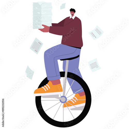 Productivity Work Illustration. Vector illustration of Man balancing heavy paperwork while cycling, symbolizing workload management and efficiency. Isolated on background