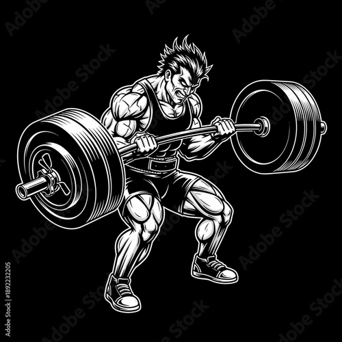 Intense male bodybuilder lifting heavy barbell in a powerful squat.