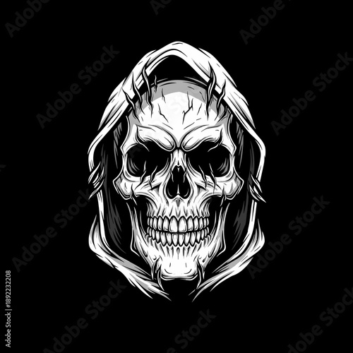 Intricate Grim Reaper Skull in Hooded Robe Illustration.