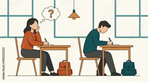 Students taking exam or studying, one thinking with question mark, one writing