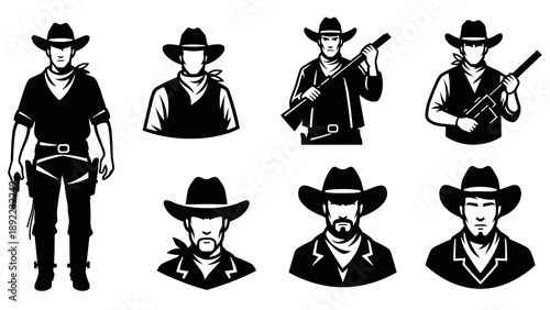 Collection of Cowboy Silhouettes and Portraits in Western Attire.