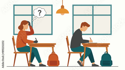Students in classroom, one confused with question mark, other focused
