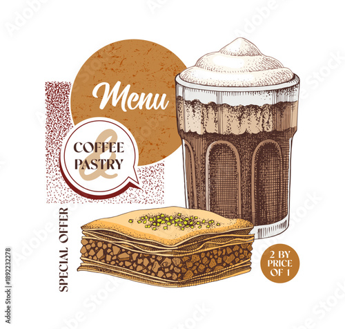 Baklava and coffee illustration in vintage style