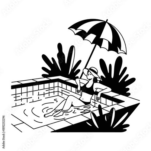 Woman relaxing in a swimming pool under an umbrella.