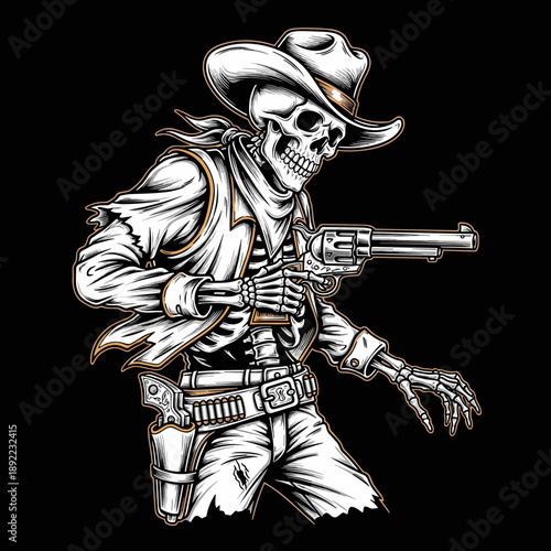 Intricate illustration of a skeleton cowboy holding a revolver.