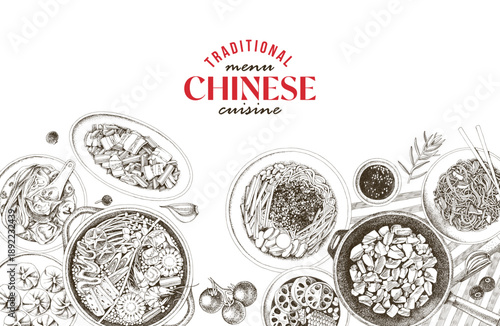 Traditional Asian cuisine dishes hand drawn vector