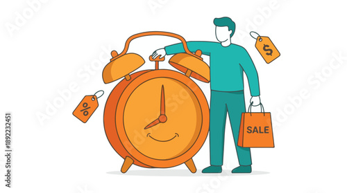 Man with shopping bag and discount tags near large alarm clock, sale concept