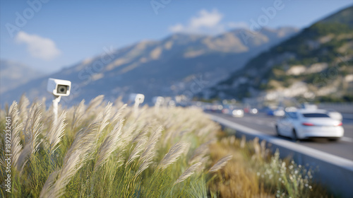Road with a speed camera in grassy verge coastal highway landscape