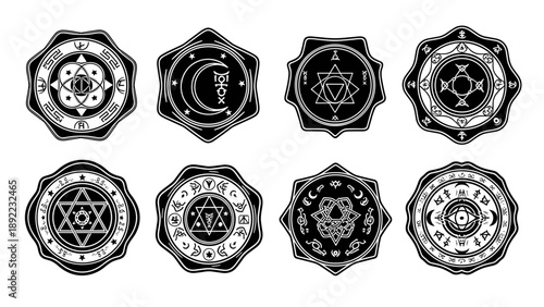 Set of eight mystical occult symbols and magical seals.